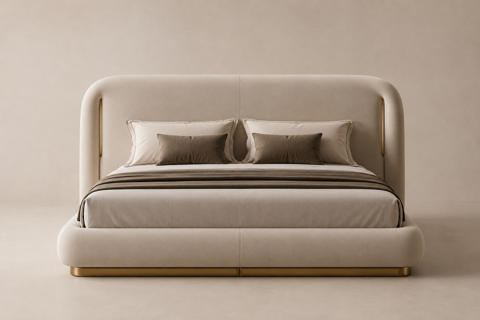 Curved upholstered bed with integrated bronze vertical detailing and floating bronze plinth.