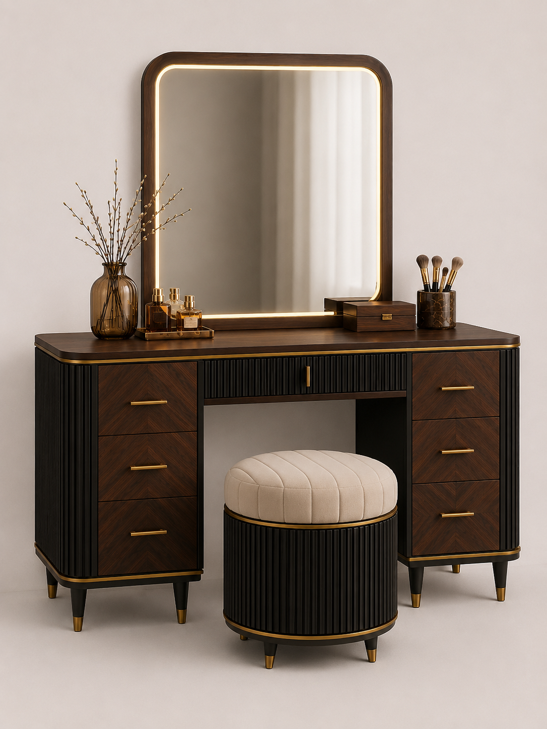 NOCTURNE Vanity with LED Mirror & Ottoman